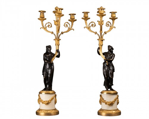 A Louis XVI pair gilted and patined Candelabras " aux Vestales "