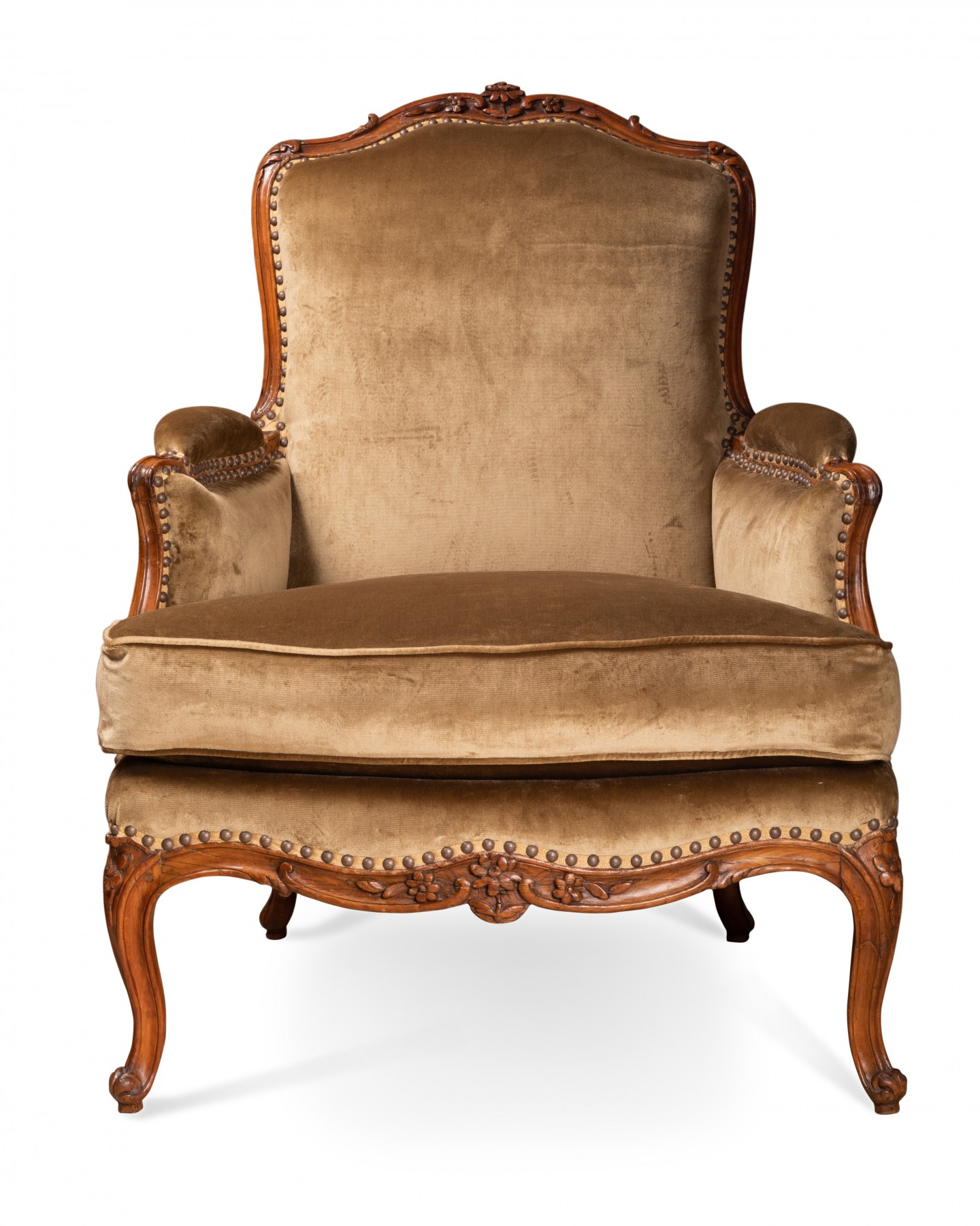 Pair of Mid-19th Century French Louis XV Style Beechwood Bergere Armchairs