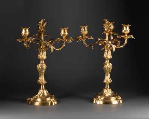 Paire de Candélabres Rocaille Epoque Louis XV bronze doré - Luminaires Style Louis XV
