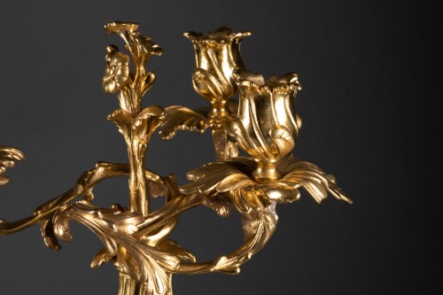 Antiquités - Paire de Flambeaux formant Candélabres Rocaille Epoque Louis XV bronze doré