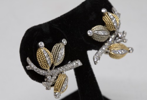 Pair of gold and diamond earrings circa 1960 - Antique Jewellery Style 50