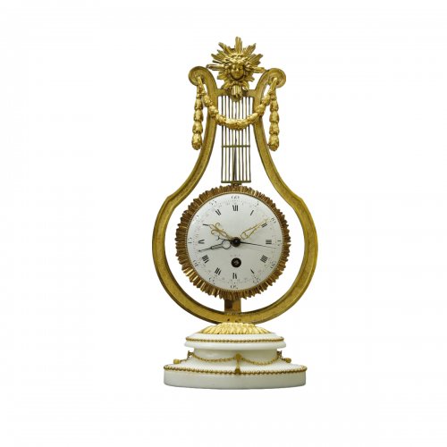 French Louis XVI Ormolu and Marble Lyre Mantel Timepiece