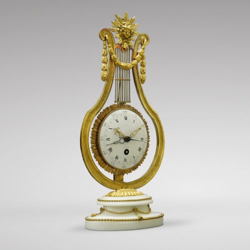 French Louis XVI Ormolu and Marble Lyre Mantel Timepiece - Horology Style Louis XVI