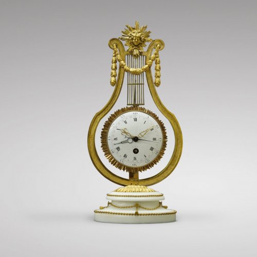 French Louis XVI Ormolu and Marble Lyre Mantel Timepiece - Louis XVI