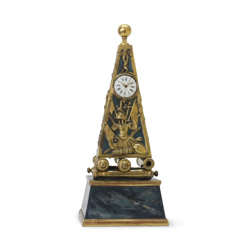 Early French Louis XV Obelisk Clock with Military Attributes