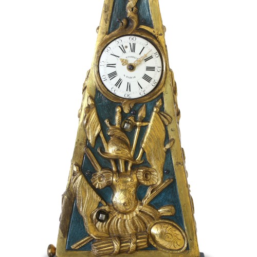 Horology  - Early French Louis XV Obelisk Clock with Military Attributes