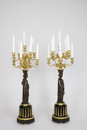 Lighting  - Pair of French Seven-Light Gilt Bronze Candelabra "Aux Canephores"