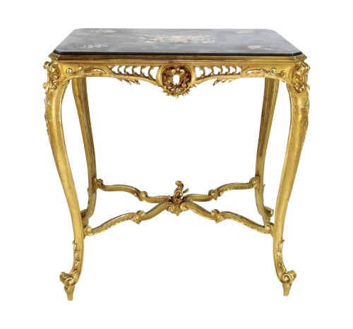 Table de milieu Napoléon III en bois doré et plateau en scagliola