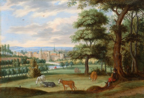 Un berger avec son troupeau devant une ville fortifiée - Izaak van Oosten