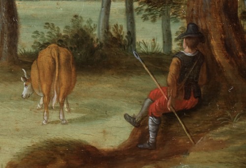 Tableaux et dessins Tableaux XVIIe siècle - Un berger avec son troupeau devant une ville fortifiée - Izaak van Oosten
