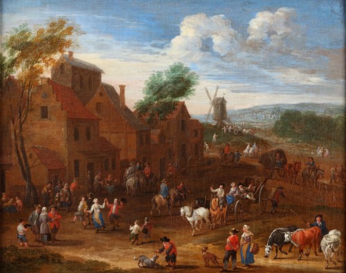 Tableaux et dessins  - Deux scènes de village animées - Matthijs Schoevaerdts (vers 1665/7 - après 1702)