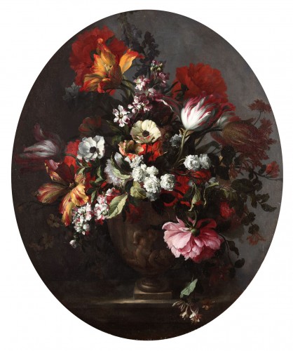 Fleurs dans un vase en pierre avec des putti par Jean Baptiste Monnoyer (1626 - 1699)
