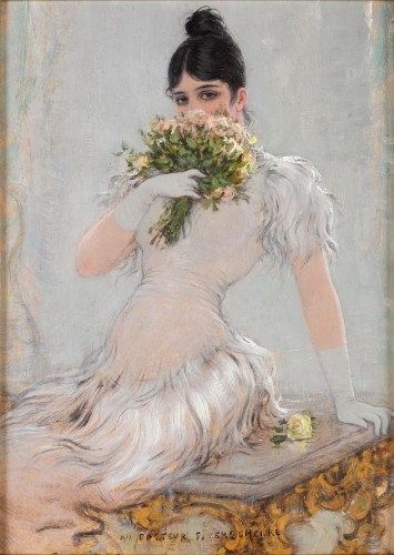 A young woman holding a bouquet of flowers - Jan Van Beers (1852-1925)