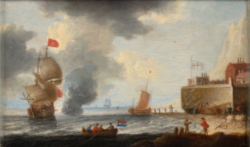 Tableaux et dessins Tableaux XVIIe siècle - Sortie du port et bataille près de la côte - attr. Peter van de Velde