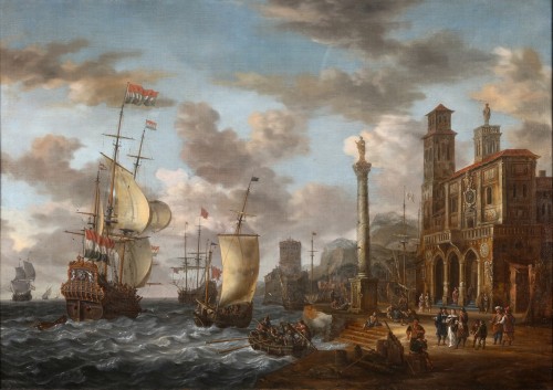 Tableaux et dessins Tableaux XVIIe siècle - Vue du port animé à l'italienne - Johannes Sturckenburgh (1603-1663)