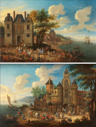 Deux scènes montrant un marché aux poissons devant une ville - Mathijs Schoevaerdts