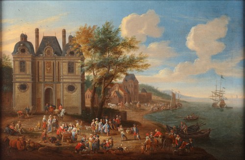 Tableaux et dessins Tableaux XVIIe siècle - Deux scènes montrant un marché aux poissons devant une ville - Mathijs Schoevaerdts