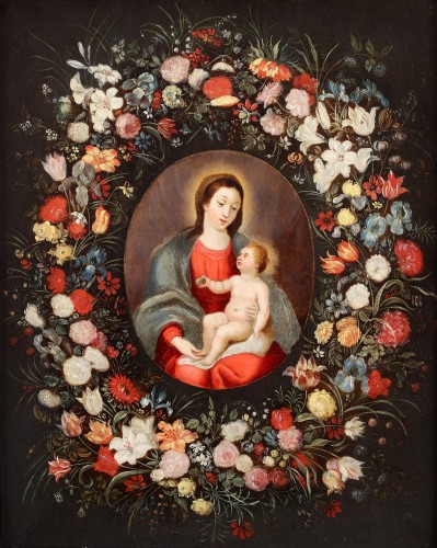 Vierge à l'enfant entourée d'une guirlande de fleurs - Flamand, 17e siècle