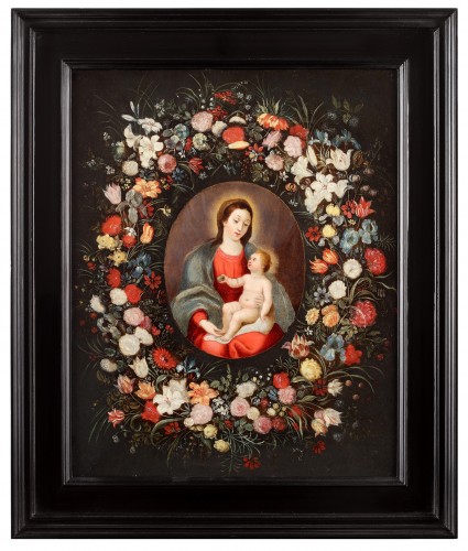 Vierge à l'enfant entourée d'une guirlande de fleurs - Flamand, 17e siècle - Tableaux et dessins Style 