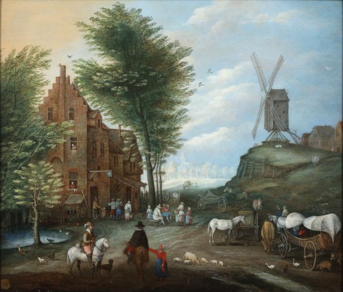 Animated town with travellers, an inn and a windmill -   Jozef van Bredael (1688-1739)