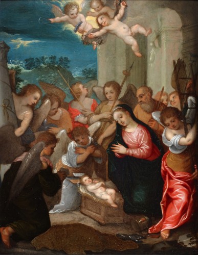 Adoration with angels and putti - Attributed to Johann König (1586-1642)
