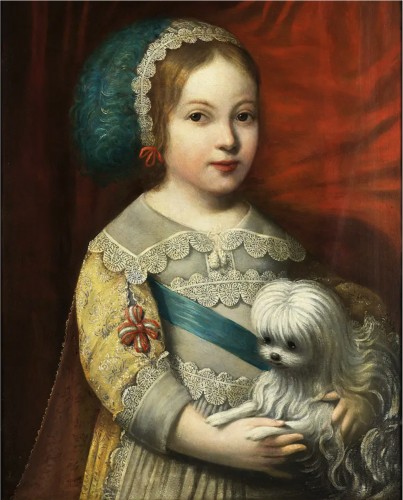 Portrait d'une jeune fille et de son chien - Cornelis Johnson van Ceulen (cercle de) - Tableaux et dessins Style 