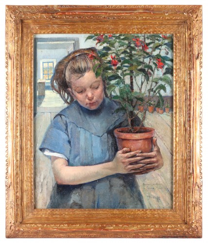 Firmin Baes (1874-1943) A young girl holding a pot of flowers