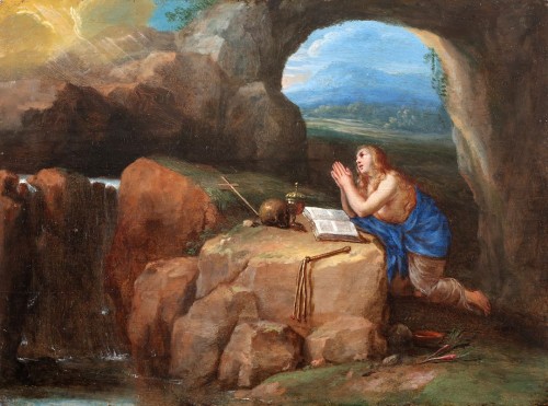 Marie-Madeleine priant dans sa grotte - Attribué à David Teniers I (1582-1649) - Tableaux et dessins Style 