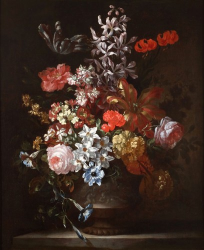 Tableaux et dessins Tableaux XVIIe siècle - Fleurs dans un vase en pierre - Jean Baptiste Monnoyer (1636 - 1699)