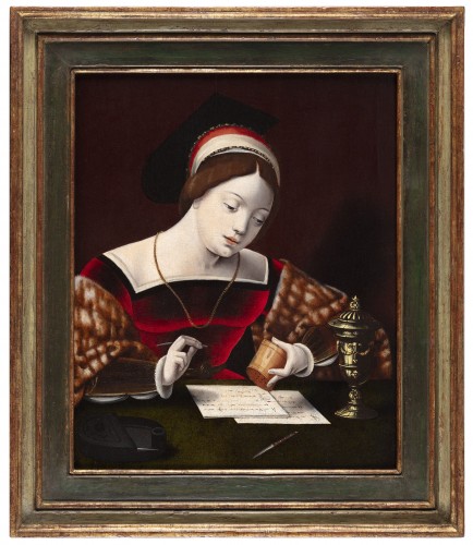 Tableaux et dessins Tableaux XVIe siècle - Marie-Madeleine écrivant une lettre - Cercle du Maître des demi-longueurs féminines