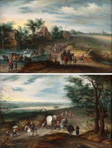 Two animated landscapes with travellers - Isaak van Oosten (1613-1661)