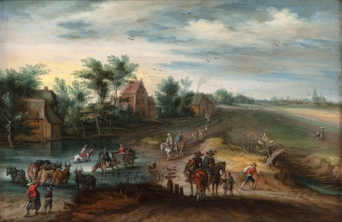Two animated landscapes with travellers - Isaak van Oosten (1613-1661) - 