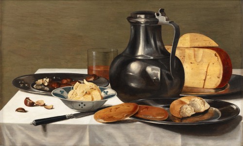 Nature morte avec fromages, pain et châtaignes - Attr a Ae van Rabel (vers 1653) - Tableaux et dessins Style 