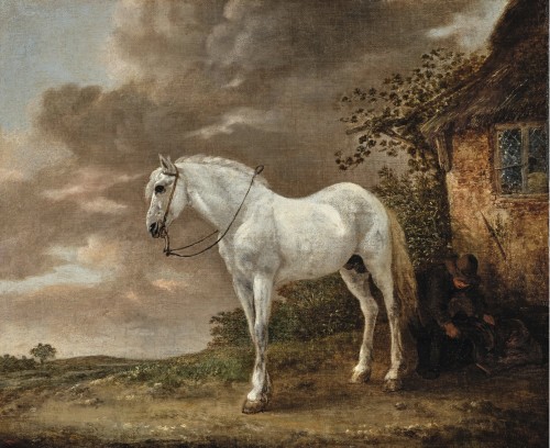 Isaac van Ostade (1621 - 1649) - Un cheval blanc attendant d'être sellé