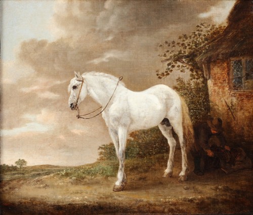 Paintings & Drawings  - Isaac van Ostade (1621 - 1649) - A white horse waiting to be saddled