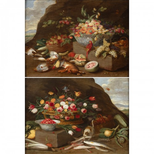 Pseudo van Kessel - Two still lifes one with a parrot and one with a cat 