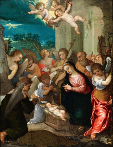 Adoration avec des anges et des putti - Attribuée à Johann König (1586 - 1642)