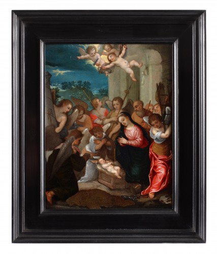 Tableaux et dessins Tableaux XVIIe siècle - Adoration avec des anges et des putti - Attribuée à Johann König (1586 - 1642)