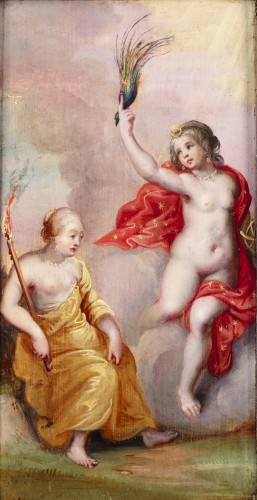 Antiquités - Vitrine ornée de ferronnerie d'art et dotée de deux portes peintes - École d'Anvers,