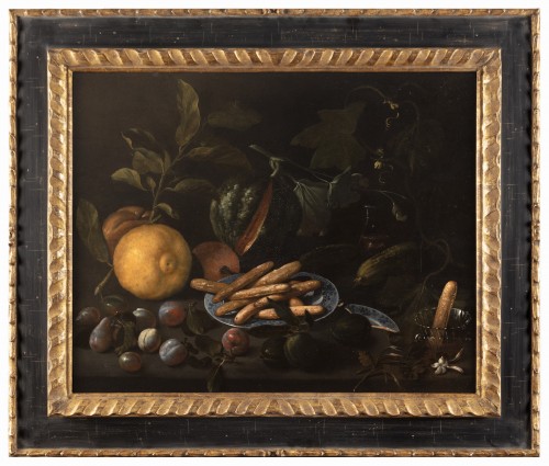 Nature morte au pain, au citron et aux pruneaux - Attribuée à Giuseppe Recco - Jan Muller