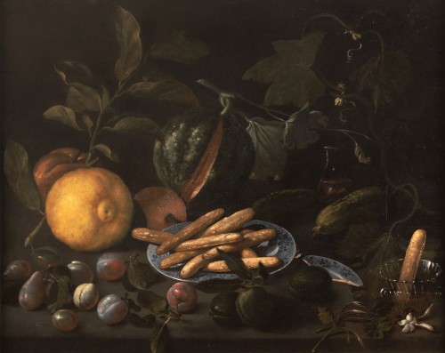 XVIIe siècle - Nature morte au pain, au citron et aux pruneaux - Attribuée à Giuseppe Recco