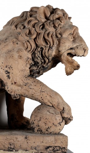 Sculpture Sculpture en Terre cuite - Paire de lions en terre cuite