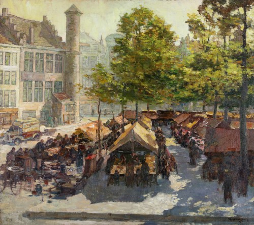 Paintings & Drawings  -  Alfons de Cuyper (1887-1950) - Activities on the Vrijdagsmarkt in Ghent with &#039;Het Toreken,&#039; on the left 