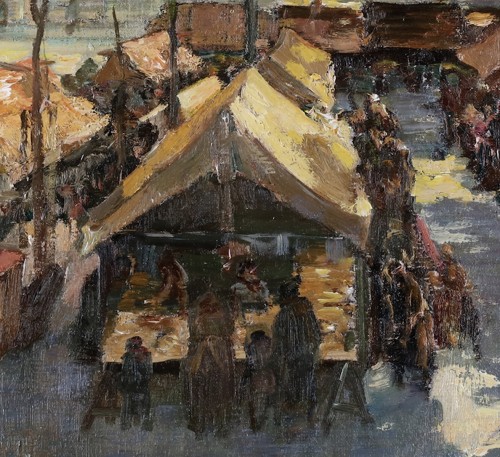  - Alfons de Cuyper (1887-1950) - Marché sur le Vrijdagsmarkt à Gand avec 'Het Toreken', sur la gauche