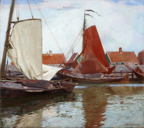 Boats in a Dutch harbour - Maurice Sys (1880-1972) 
