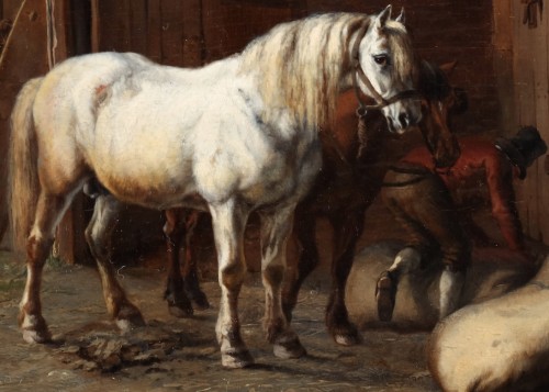 Paintings & Drawings  - Horses on the inner court of a barn - Charles Tschaggeny (1815-1894)
