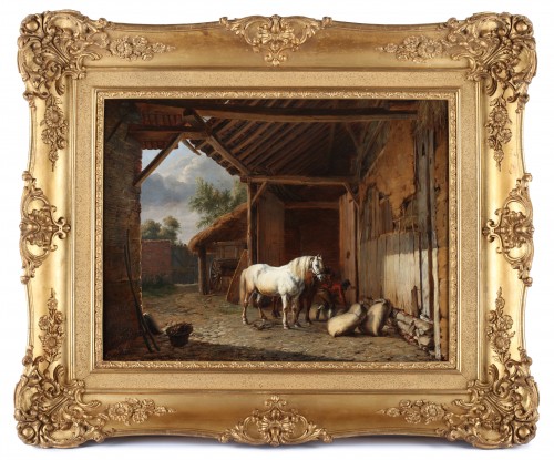 19th century - Horses on the inner court of a barn - Charles Tschaggeny (1815-1894)