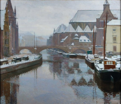 Le Sint-Michielsbrug à Gand en hiver - Maurice Sys (1880 – 1972) - Tableaux et dessins Style 