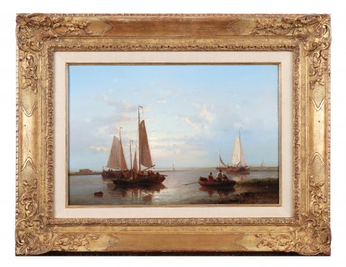 Tableaux et dessins Tableaux XIXe siècle - Bateaux en eau calme près du rivage - Abraham Hulk (1813-1897)