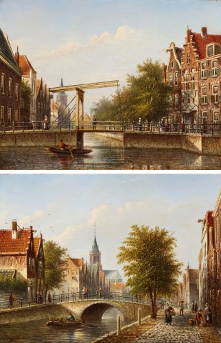 Deux vues de la ville d'Amsterdam - Johannes Franciscus Spohler (1853-1923) - Tableaux et dessins Style 